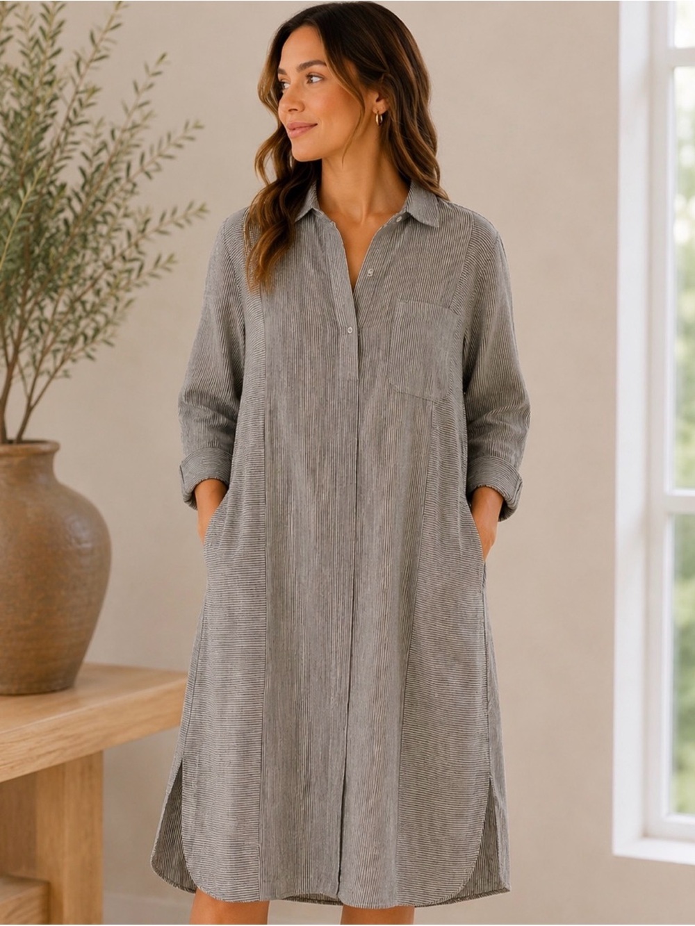 Poetry Casual Button-Front Shirt Dress in Heather Gray
